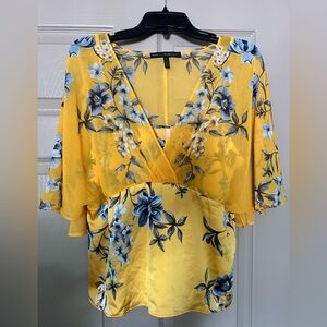 White House Black Market Yellow and Blue Floral Blouse